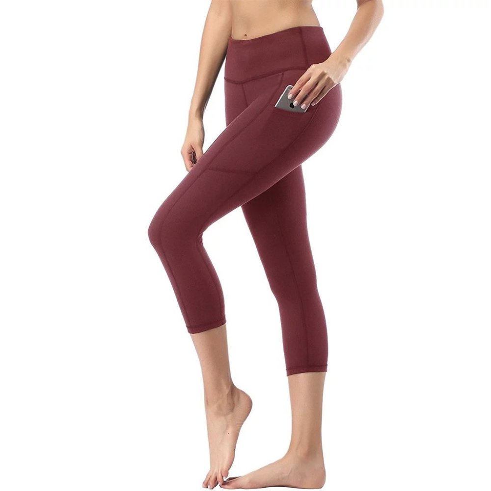 IUGA High Waist Maroon Yoga capri Pants w/3 Pockets